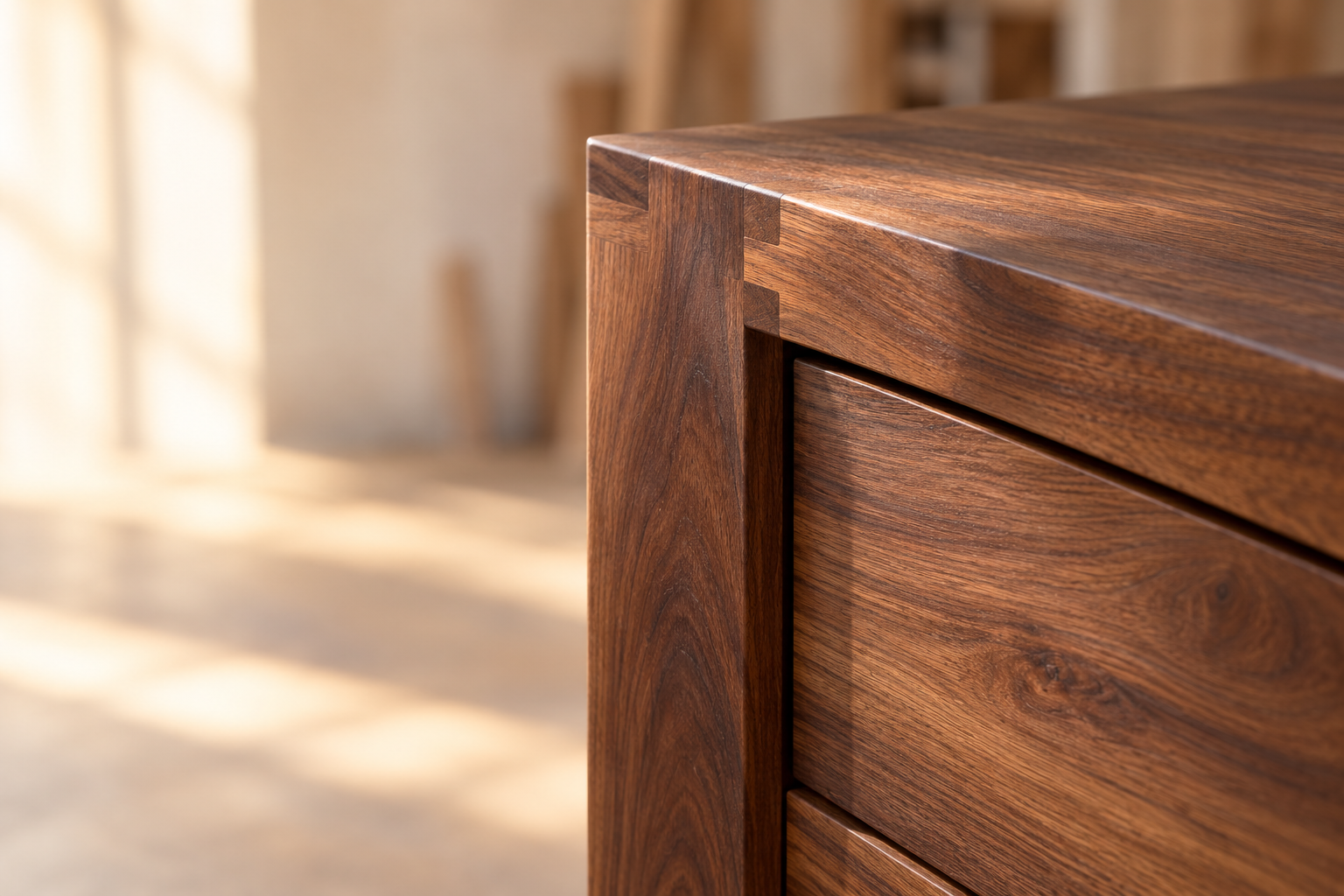 Illustrative close-up of walnut joinery; not a photograph of Dooley's Woodworks work